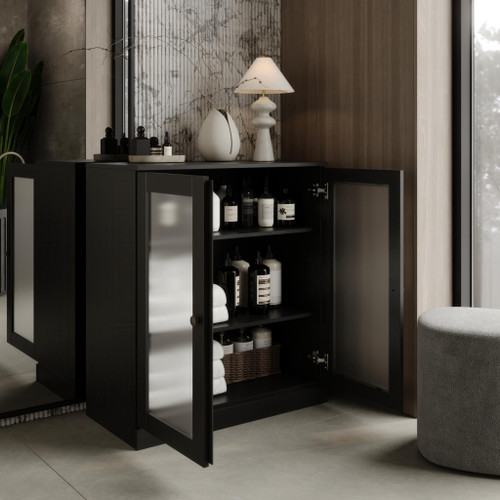 32" Black Solid Wood Glass Panel Inlay Double Door Linen Cabinet
