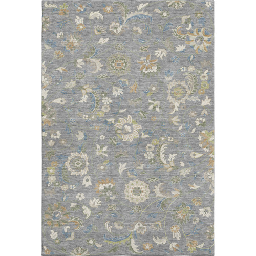 5' X 8' Gray Copper And Blue Floral Washable Area Rug With UV Protection