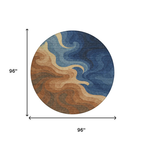 8' Orange And Navy Blue Round Abstract Washable Indoor Outdoor Area Rug