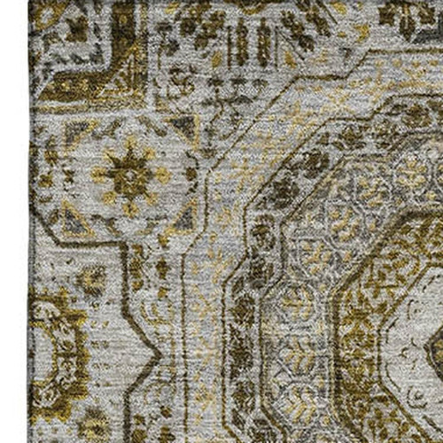 9' X 12' Taupe Ivory And Gold Medallion Washable Area Rug With UV Protection