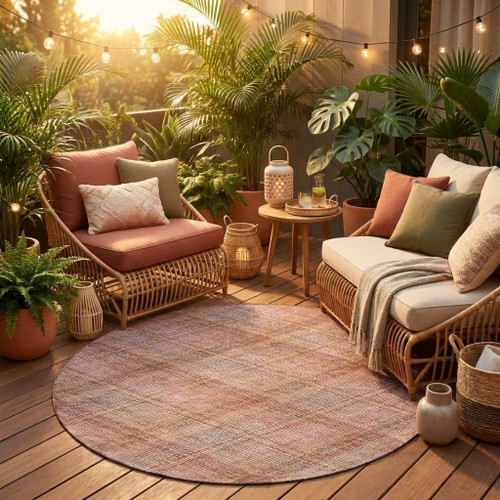 8' Pink And Beige Round Plaid Washable Indoor Outdoor Area Rug
