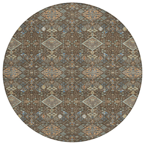 8' Chocolate And Brown Round Geometric Washable Indoor Outdoor Area Rug