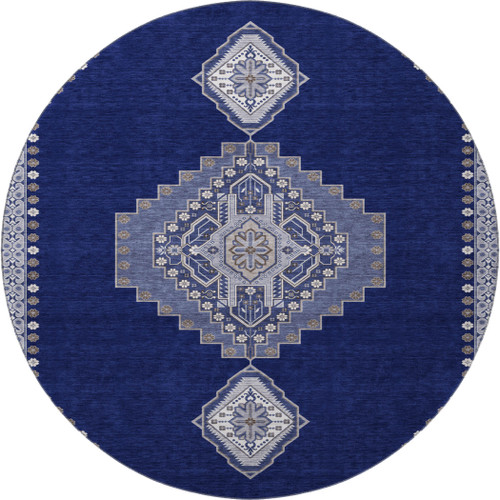 8' Navy Blue Ivory And Gray Oriental Washable Round Rug With UV Protection