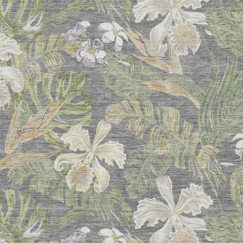 3' X 5' Gray Green And Beige Floral Washable Area Rug With UV Protection