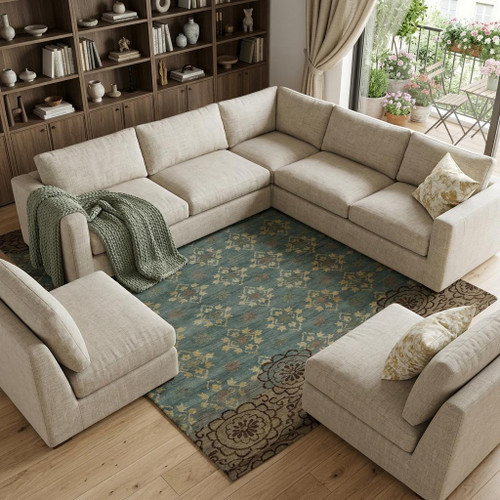 8' X 12' Green Blue and Brown Floral Hand Knotted Area Rug