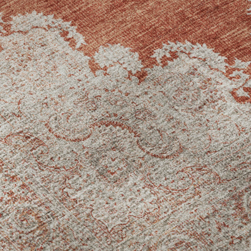 8' Rust And Beige Oriental Washable Round Rug With UV Protection