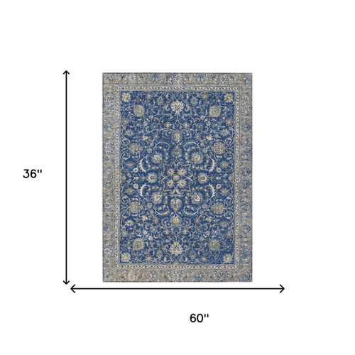 3' X 5' Navy Blue And Ivory Botanical Leaves Washable Indoor Outdoor Area Rug