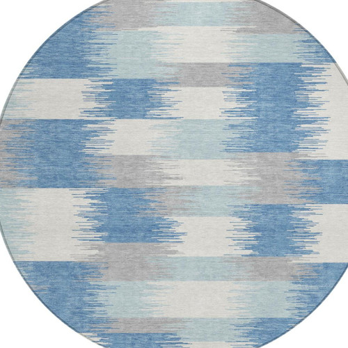8' Denim Blue And Blue Round Geometric Washable Indoor Outdoor Area Rug