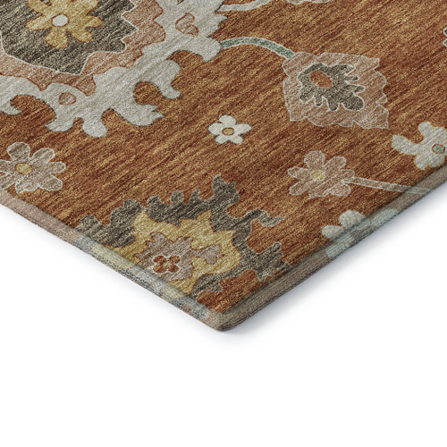 10' X 14' Rust Ivory And Gray Floral Medallion Washable Area Rug With UV Protection