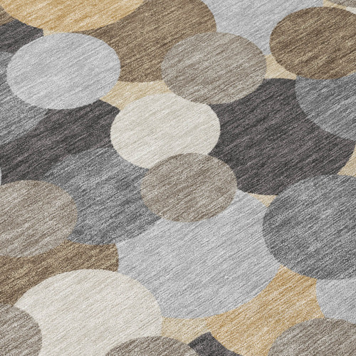 8' Gray And Chocolate Round Geometric Washable Indoor Outdoor Area Rug