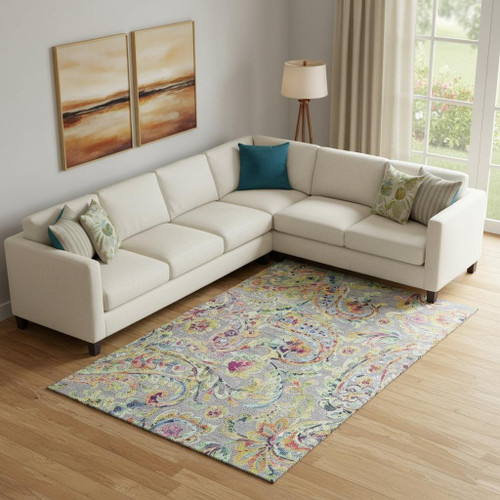 9' X 12' Gray Blue And Pink Paisley Washable Area Rug With UV Protection