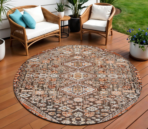 8' Brown And Ivory Round Aztec Washable Indoor Outdoor Area Rug