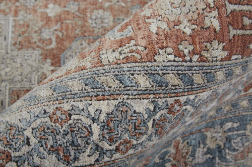 9' X 13' Blue and Red Oriental Power Loom Worn Faded Area Rug With Fringe