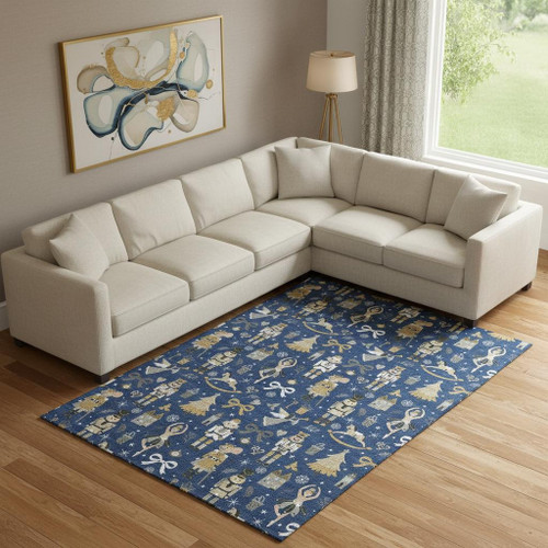 10' X 14' Navy Blue Gold And Gray Floral Washable Area Rug With UV Protection