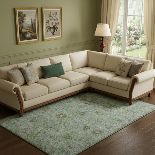 10' X 14' Artichoke Green Copper And Gray Oriental Washable Area Rug With UV Protection