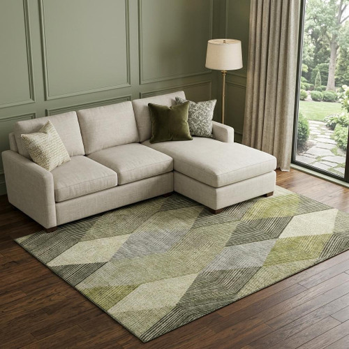 10' X 14' Olive Green Gray And Ivory Geometric Washable Area Rug With UV Protection
