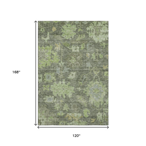 10' X 14' Fern Green And Gray Floral Washable Area Rug With UV Protection