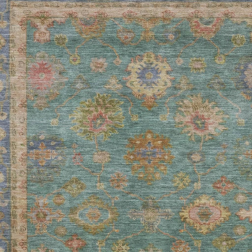 9' X 12' Teal And Blush Oriental Washable Area Rug With UV Protection