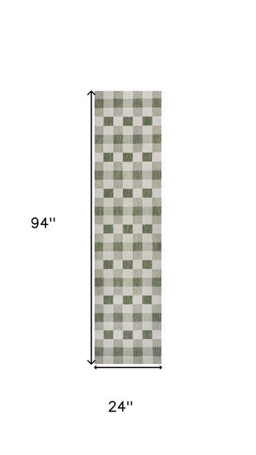8' Green And Cream Geometric Indoor Outdoor Runner Rug