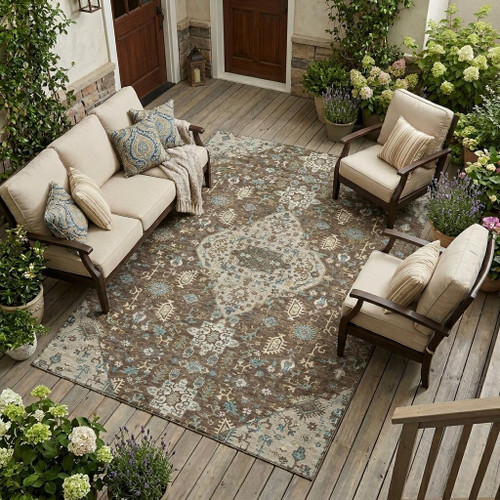 9' X 12' Brown And Beige Medallion Washable Indoor Outdoor Area Rug