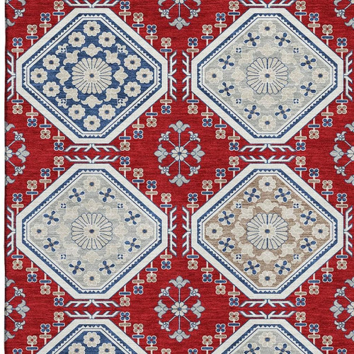 8' Red Navy Blue And Ivory Floral Washable Area Rug With UV Protection