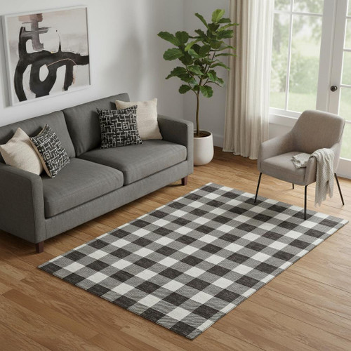 5' X 8' Black And Ivory Plaid Washable Area Rug With UV Protection