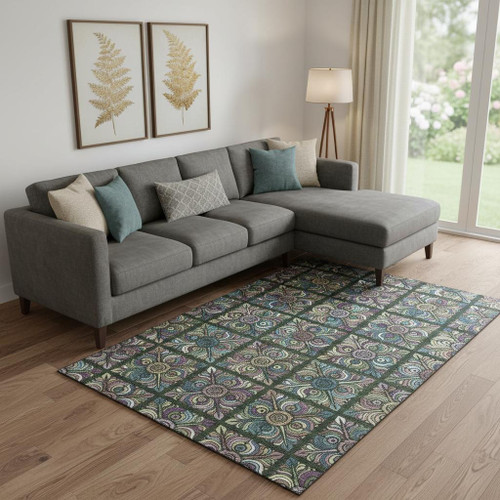 9' X 12' Fern Green Purple And Teal Medallion Washable Area Rug With UV Protection