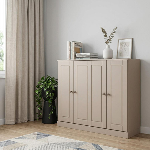 64" Beige Solid Wood Four Drawer Sideboard With Four Doors
