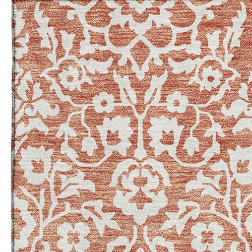 8' X 10' Coral And Beige Damask Washable Area Rug With UV Protection