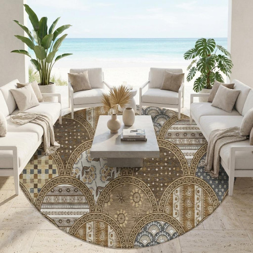 8' Chocolate And Brown Round Geometric Washable Indoor Outdoor Area Rug