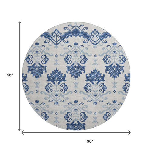8' Navy Blue And Ivory Medallion Washable Round Rug With UV Protection