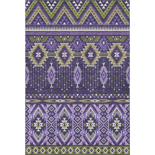 10' X 14' Purple And Fern Green Tribal Washable Area Rug With UV Protection