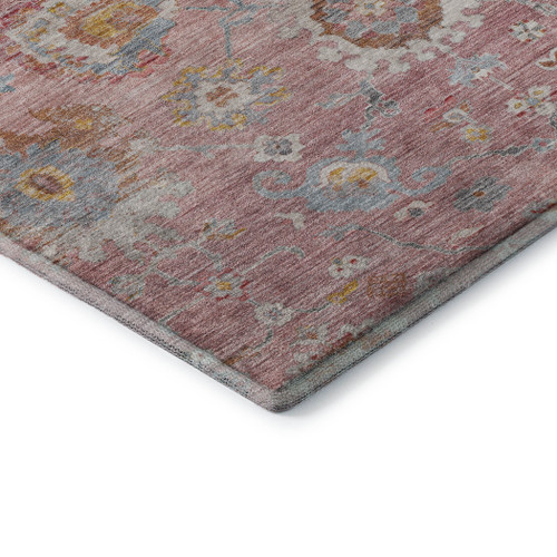 8' Pink Gold And Blue Floral Washable Round Rug With UV Protection
