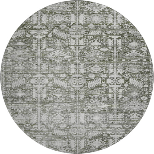 8' Pewter And Silver Oriental Washable Round Rug With UV Protection