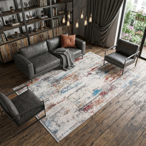 12' X 15' Gray Blue and Red Abstract Power Loom Area Rug With Fringe