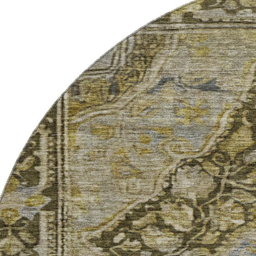 8' Brown And Gray Oriental Washable Round Rug With UV Protection