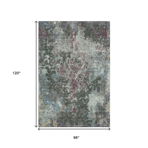 8' X 10' Fern Green Purple And Teal Damask Washable Area Rug With UV Protection