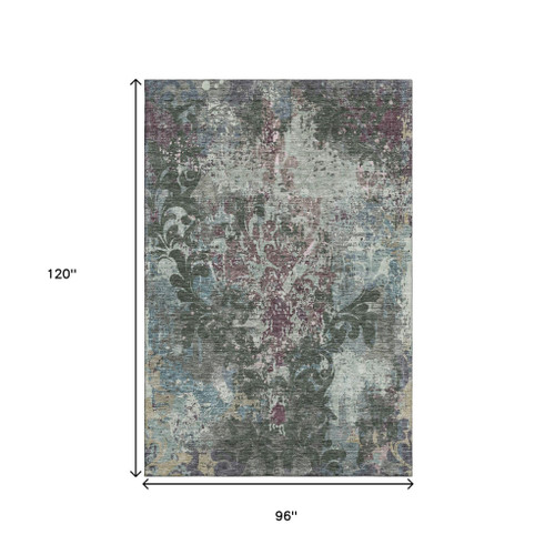 8' X 10' Fern Green Purple And Teal Damask Washable Area Rug With UV Protection