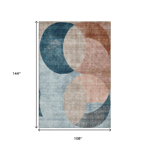 9' X 12' Rust Teal And Beige Geometric Washable Area Rug With UV Protection