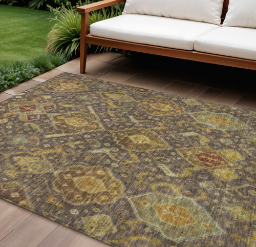 9' X 12' Chocolate Gold And Burgundy Ikat Washable Indoor Outdoor Area Rug