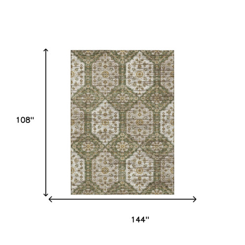 9' X 12' Olive Green And Green Damask Washable Indoor Outdoor Area Rug