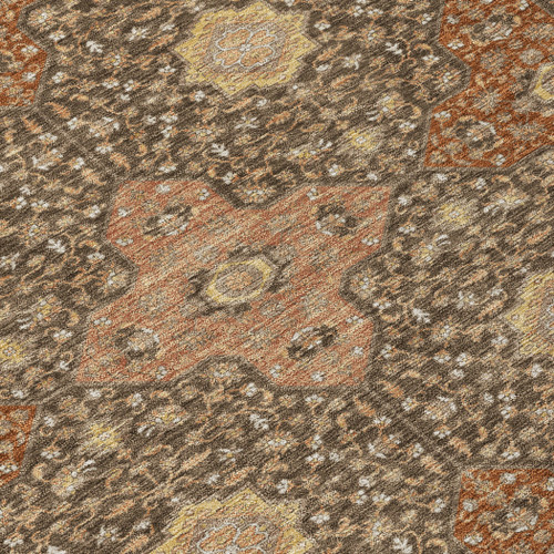 10' X 14' Chocolate And Orange Damask Washable Indoor Outdoor Area Rug