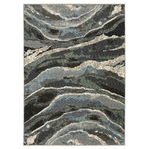 3' X 5' Blue Black And Beige Abstract Area Rug With Fringe