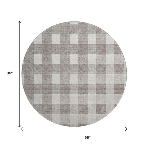 8' Taupe And Ivory Plaid Washable Round Rug With UV Protection