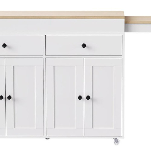 51" Brown and White Wood Flat Door Rolling Kitchen Cart
