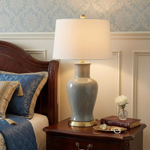 29" Gray And Gold Urn Bedside Lamp With Drum Shade