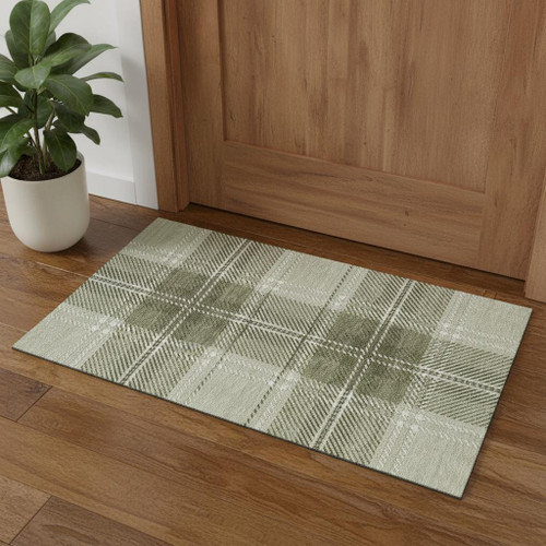 3' X 5' Artichoke Green And Ivory Plaid Washable Area Rug With UV Protection