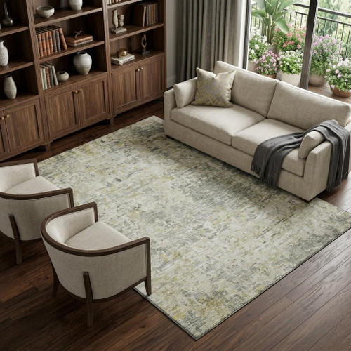 9' X 12' Sage Gold And Beige Abstract Washable Area Rug With UV Protection