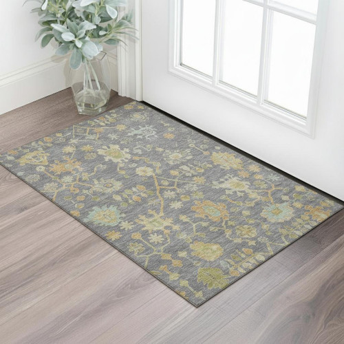 3' X 5' Gray Gold And Blue Floral Washable Area Rug With UV Protection