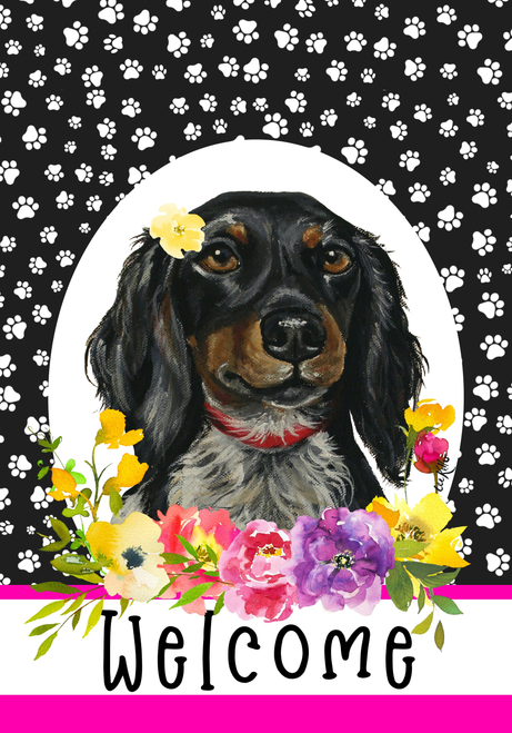 Dachshund Black/Tan  - Hippie Hound Studios Paw Prints  House and Garden Flags